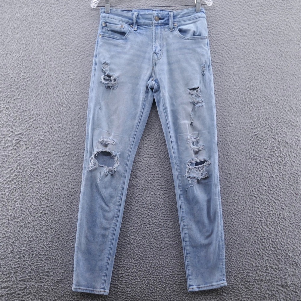 American Eagle AirFlex+ Temp Tech Skinny Distressed Light Wash Mens Jeans 28x32*